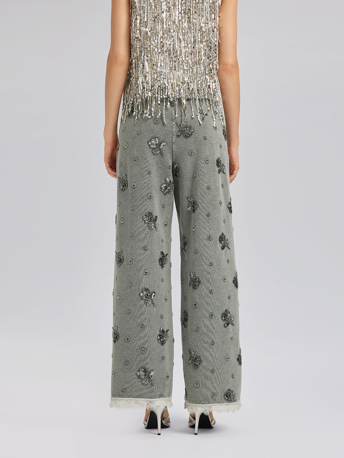 Garment Dyeing Beaded Denim Lace-Trim Pants