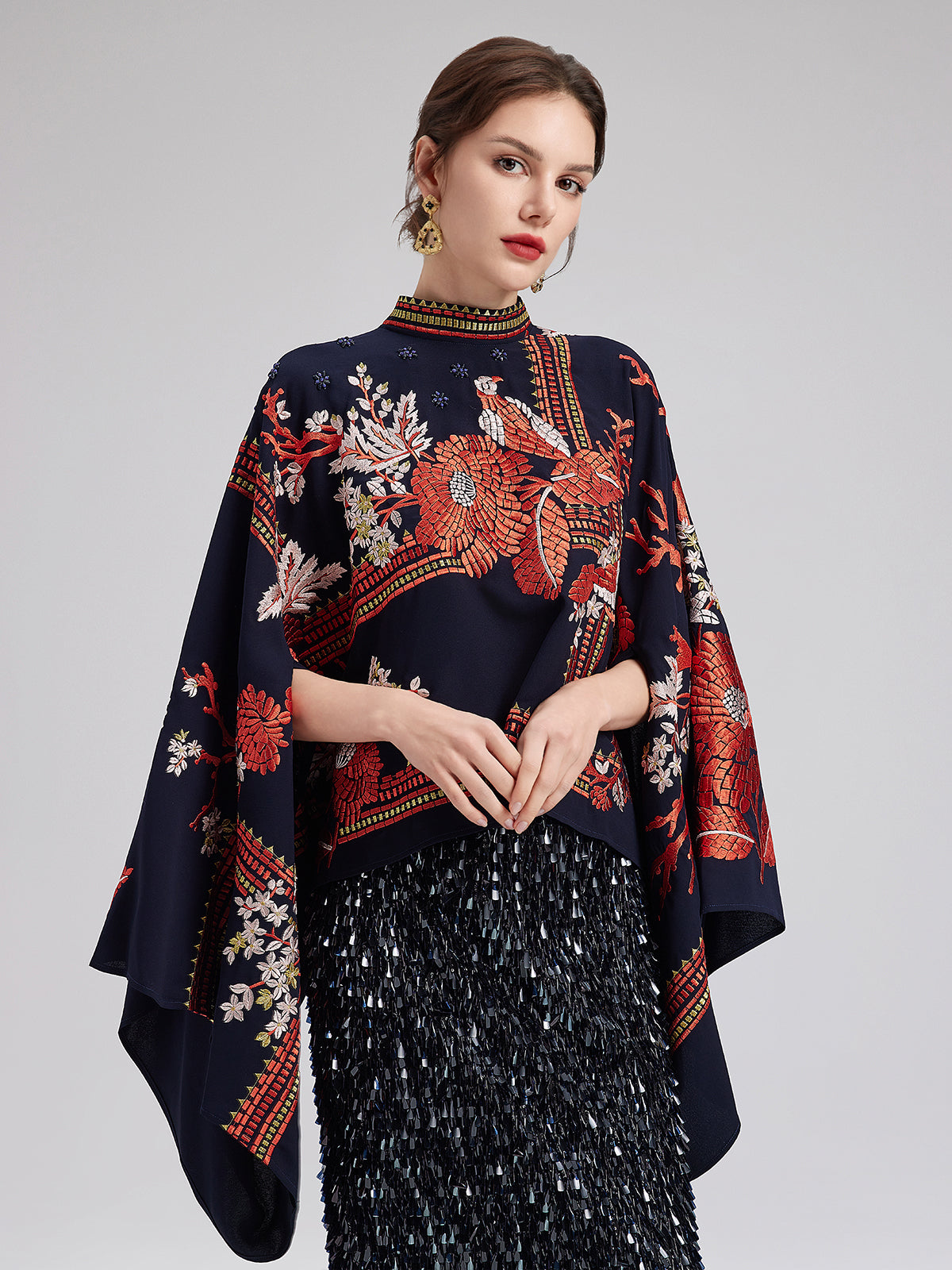 Magpie Embroidered Chinese-Inspired Cape Blouse