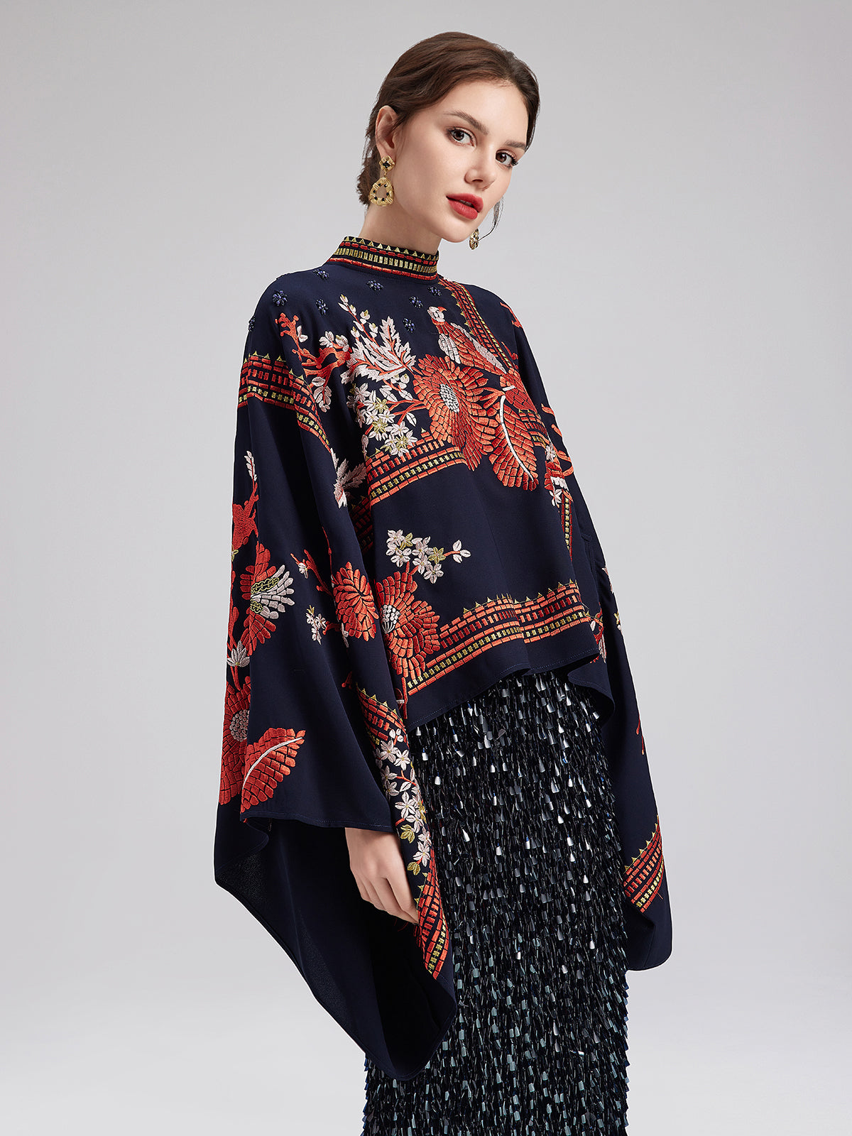 Magpie Embroidered Chinese-Inspired Cape Blouse