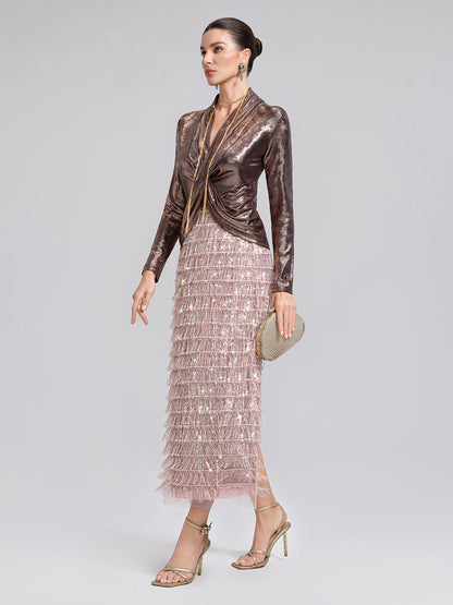 Back Slit Sequin Fringe Skirt