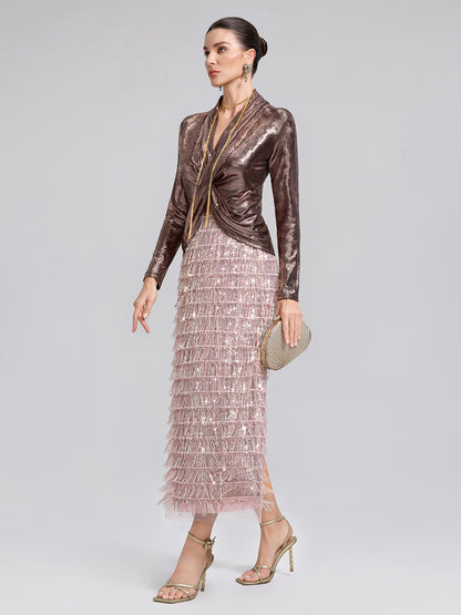 Back Slit Sequin Fringe Skirt