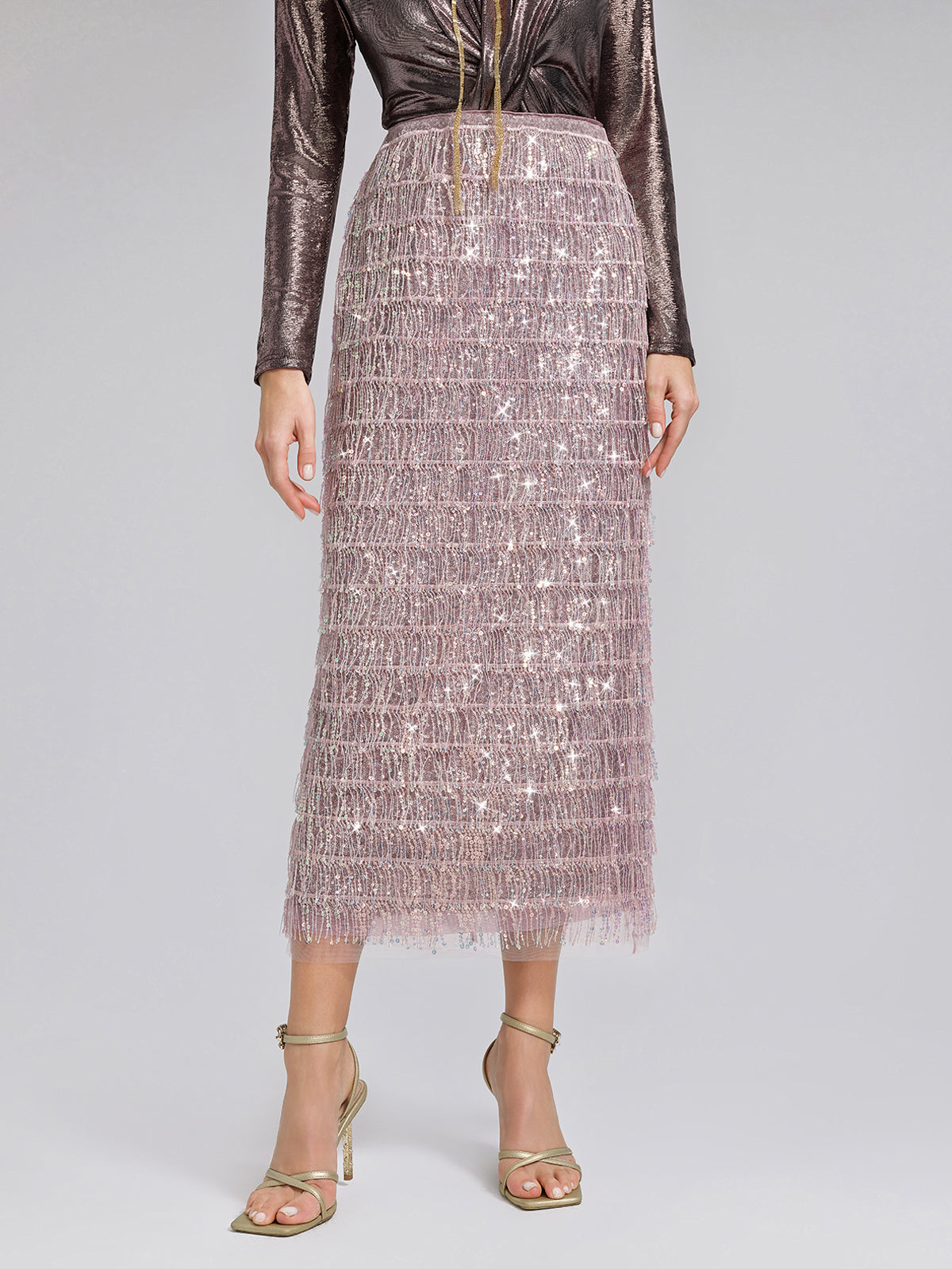 Back Slit Sequin Fringe Skirt