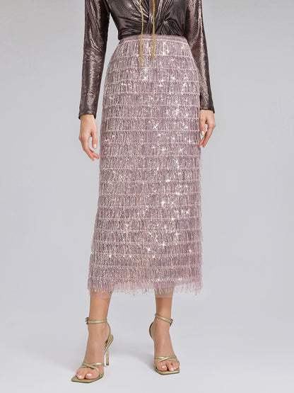 Back Slit Sequin Fringe Skirt