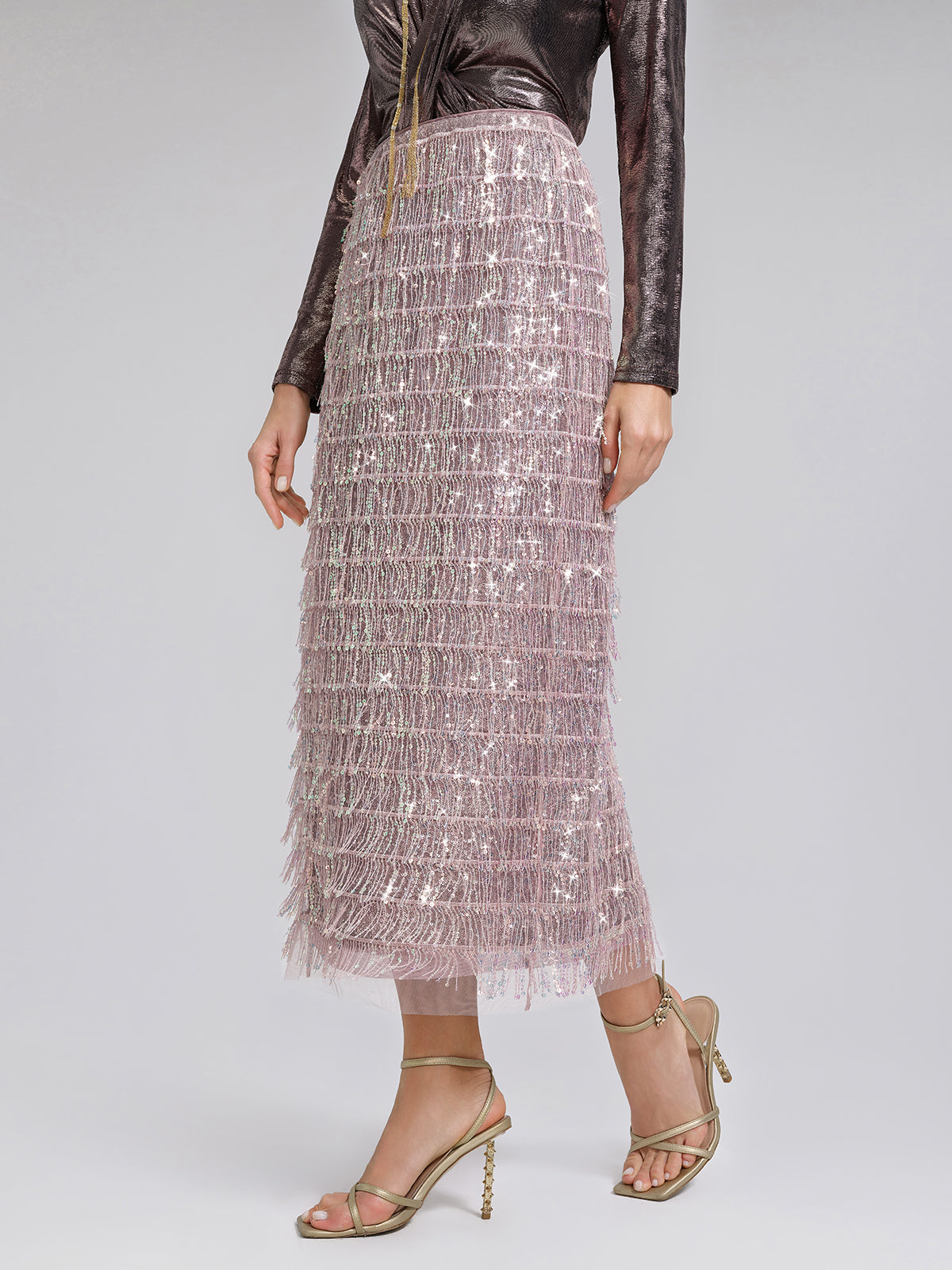 Back Slit Sequin Fringe Skirt