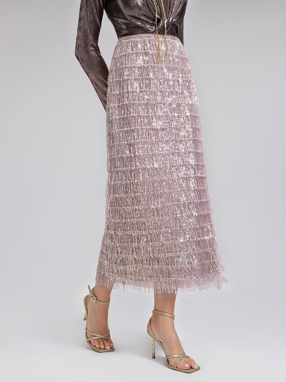 Back Slit Sequin Fringe Skirt