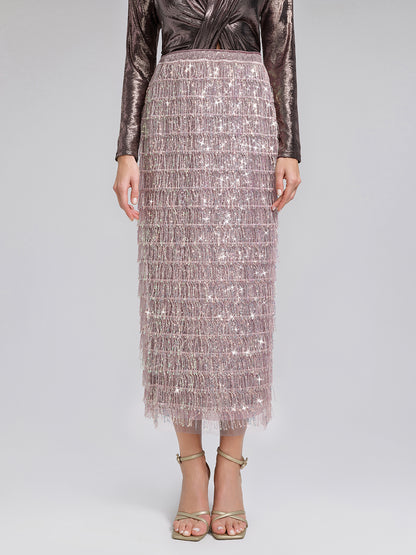 Back Slit Sequin Fringe Skirt