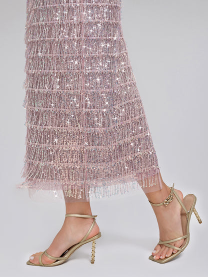 Back Slit Sequin Fringe Skirt