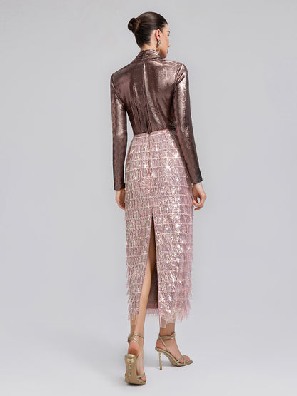 Back Slit Sequin Fringe Skirt
