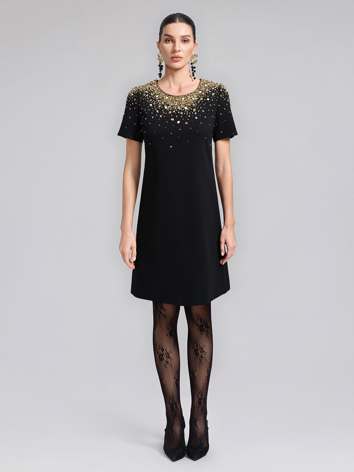 Gold Gradient Hand-Beaded Short-Sleeve Dress