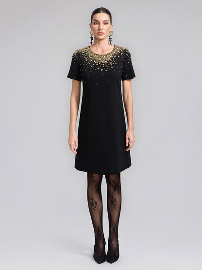 Gold Gradient Hand-Beaded Short-Sleeve Dress