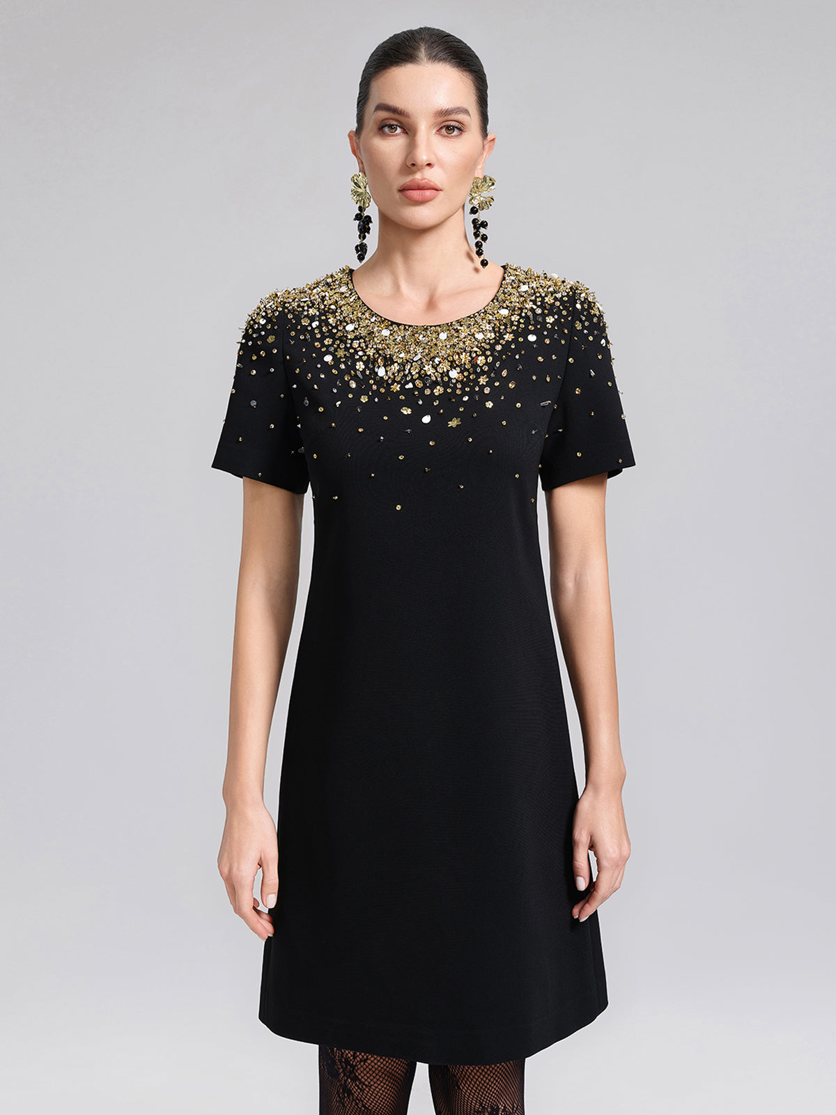 Gold Gradient Hand-Beaded Short-Sleeve Dress