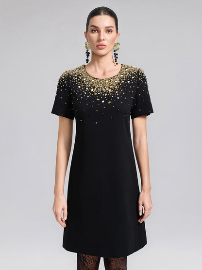 Gold Gradient Hand-Beaded Short-Sleeve Dress