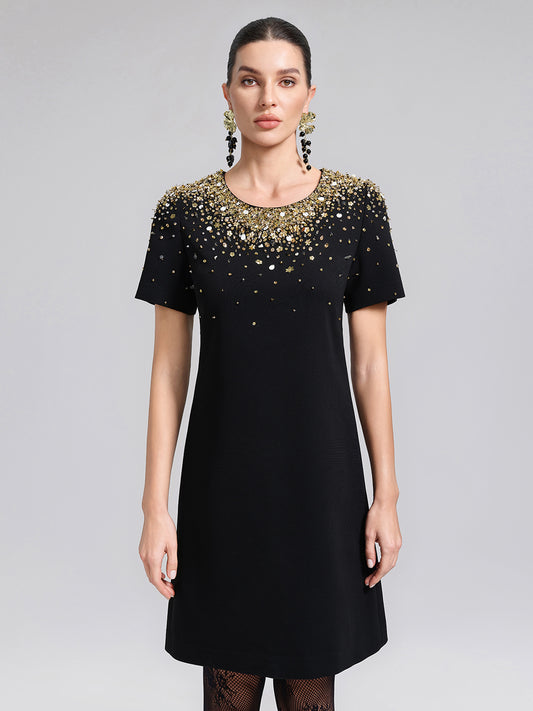 Gold Gradient Hand-Beaded Short-Sleeve Dress
