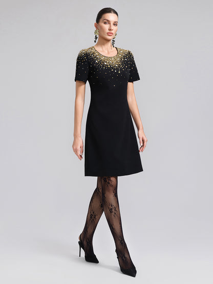 Gold Gradient Hand-Beaded Short-Sleeve Dress