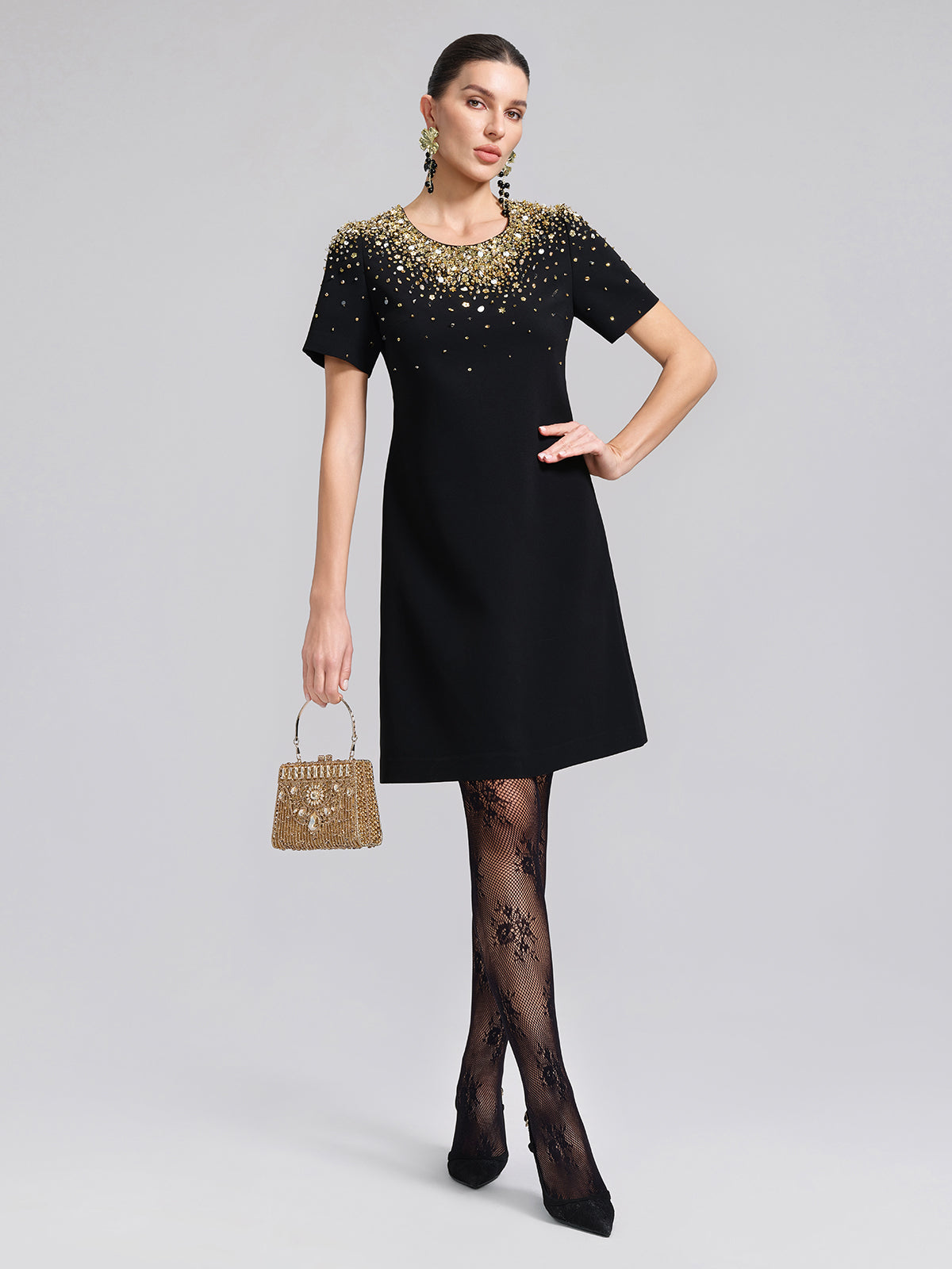 Gold Gradient Hand-Beaded Short-Sleeve Dress