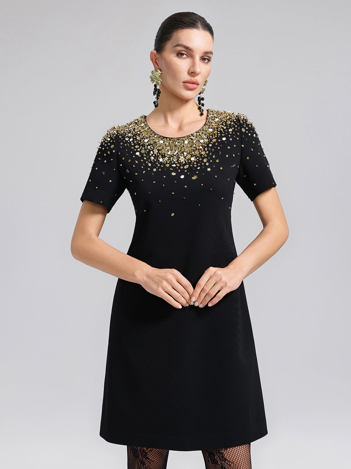 Gold Gradient Hand-Beaded Short-Sleeve Dress