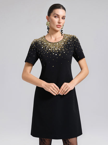 Gold Gradient Hand-Beaded Short-Sleeve Dress