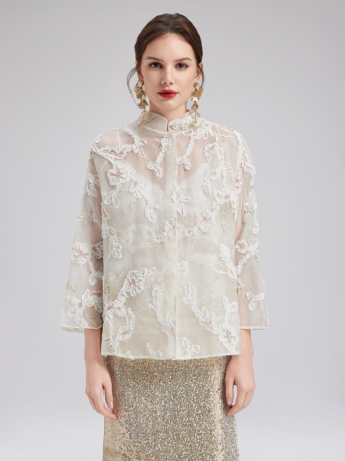 Lace-Panel Sequin Embroidered Two-Piece Top