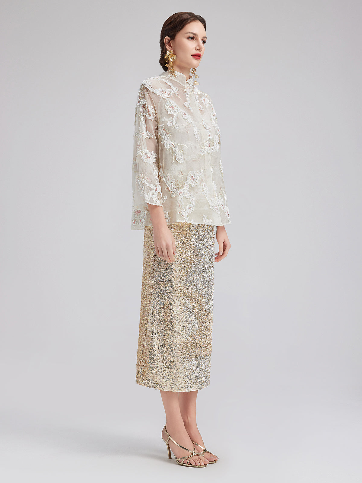 Lace-Panel Sequin Embroidered Two-Piece Top