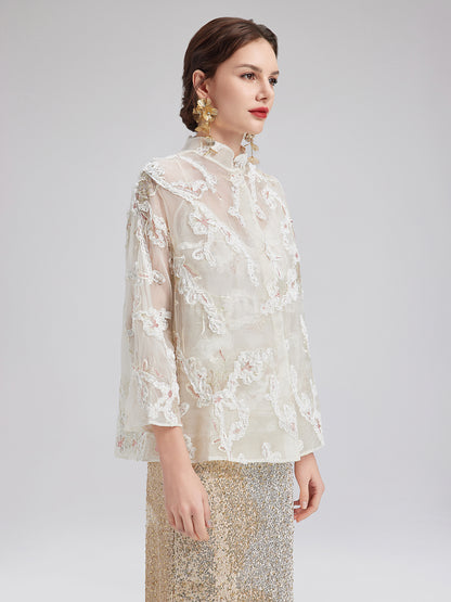 Lace-Panel Sequin Embroidered Two-Piece Top