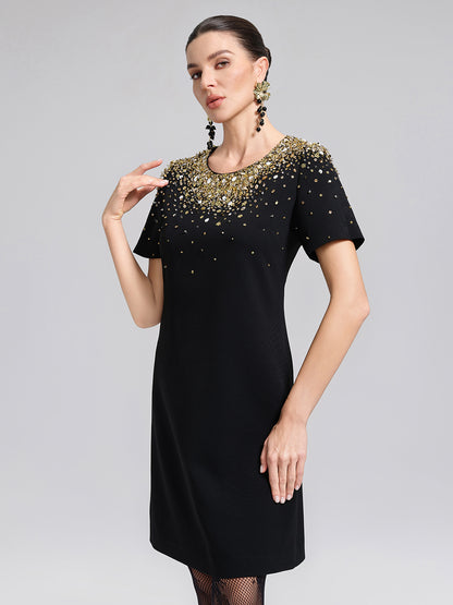 Gold Gradient Hand-Beaded Short-Sleeve Dress