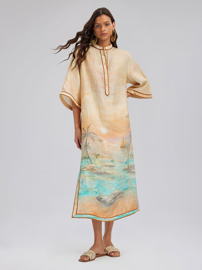 Linen Flared Sleeves Beach Print Dress
