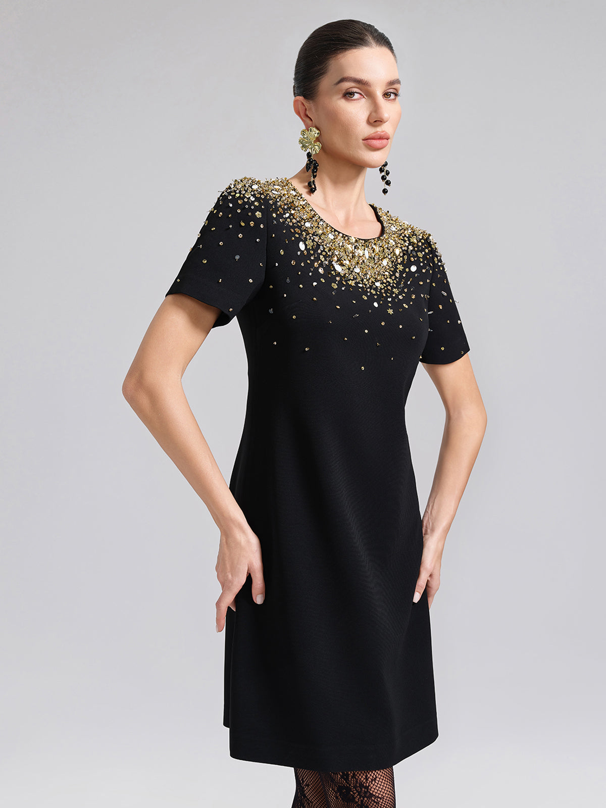Gold Gradient Hand-Beaded Short-Sleeve Dress