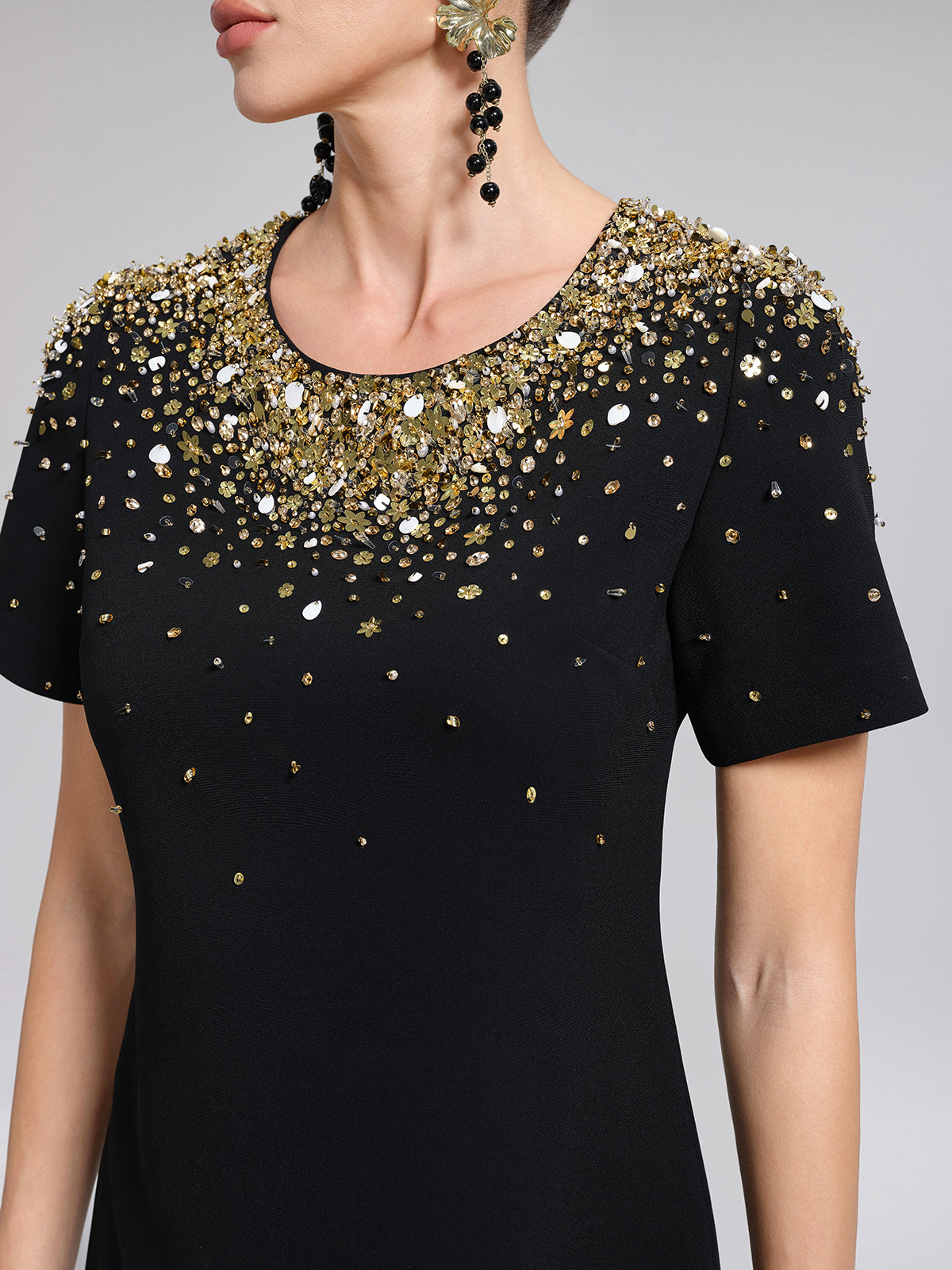 Gold Gradient Hand-Beaded Short-Sleeve Dress