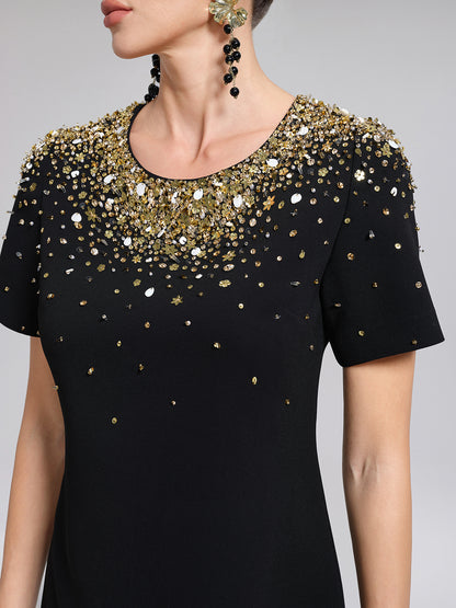 Gold Gradient Hand-Beaded Short-Sleeve Dress