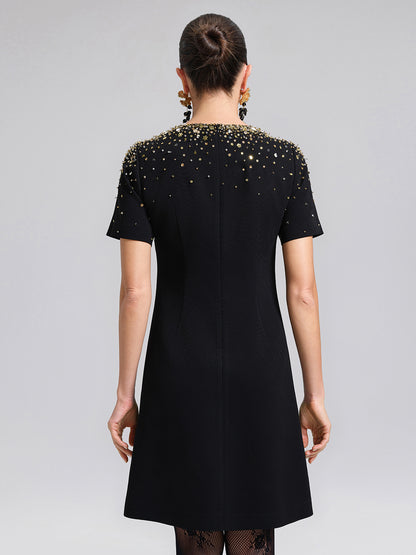 Gold Gradient Hand-Beaded Short-Sleeve Dress