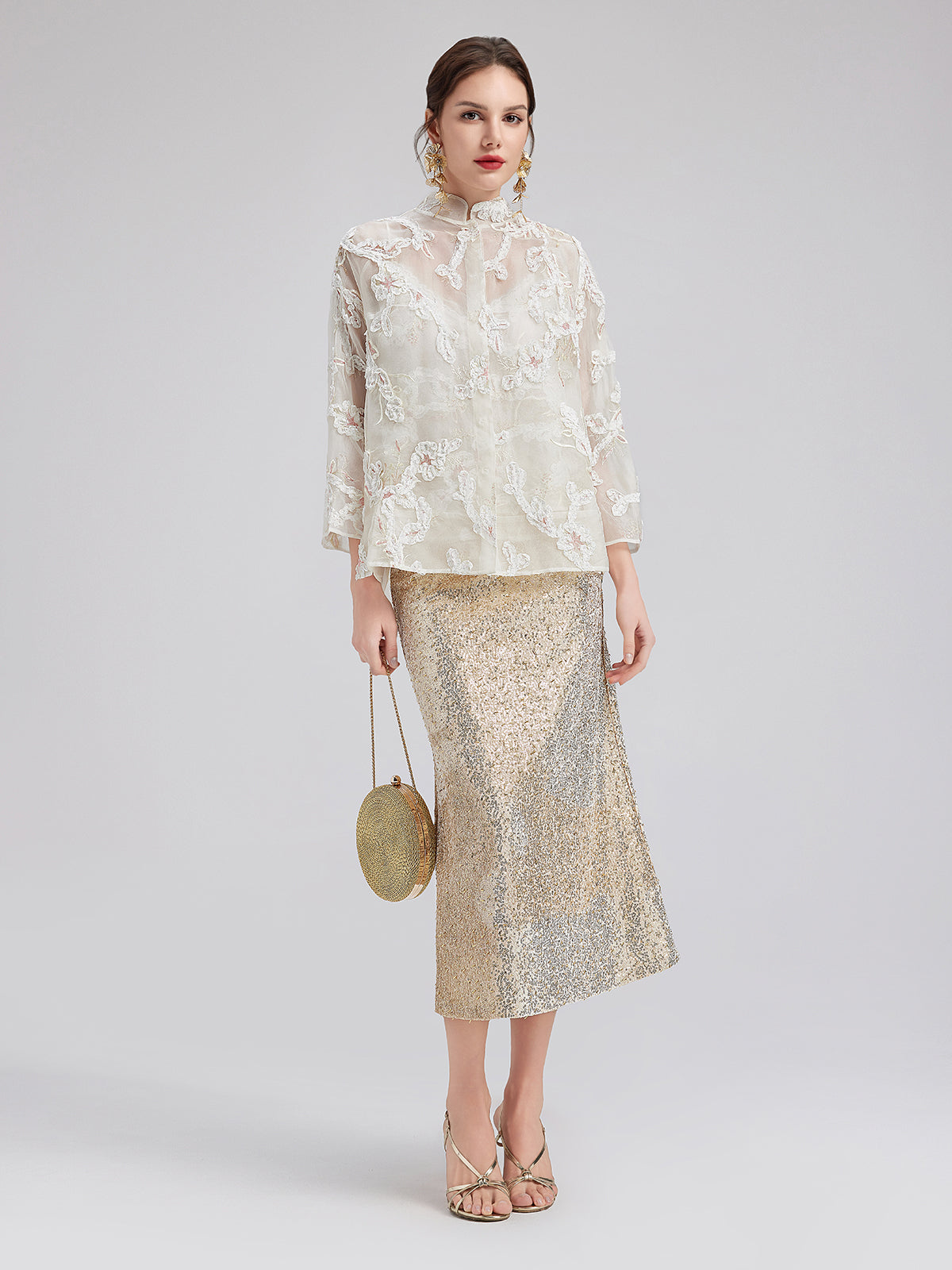 Lace-Panel Sequin Embroidered Two-Piece Top