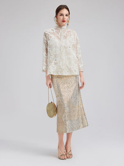 Lace-Panel Sequin Embroidered Two-Piece Top