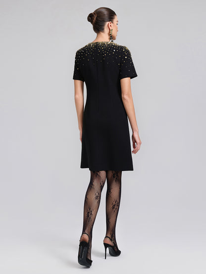 Gold Gradient Hand-Beaded Short-Sleeve Dress