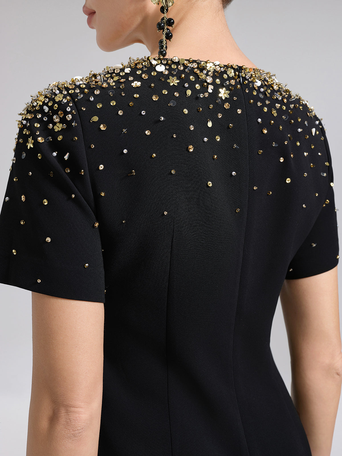 Gold Gradient Hand-Beaded Short-Sleeve Dress