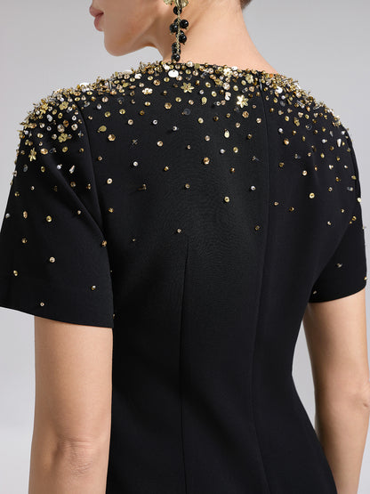 Gold Gradient Hand-Beaded Short-Sleeve Dress