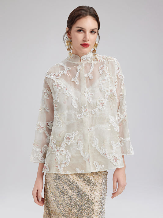 Lace-Panel Sequin Embroidered Two-Piece Top