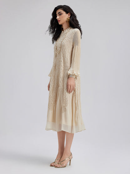 Round Neck Pleated Loose Embroidered Dress