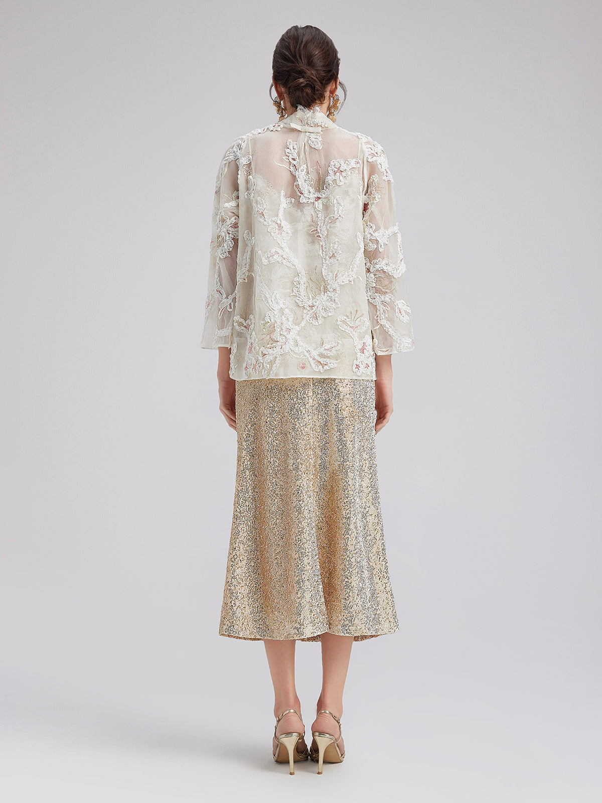 Lace-Panel Sequin Embroidered Two-Piece Top