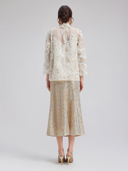 Lace-Panel Sequin Embroidered Two-Piece Top