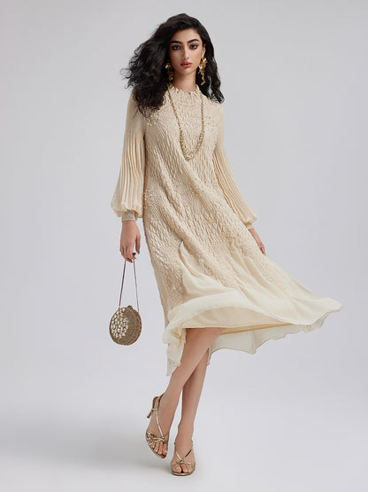 Round Neck Pleated Loose Embroidered Dress