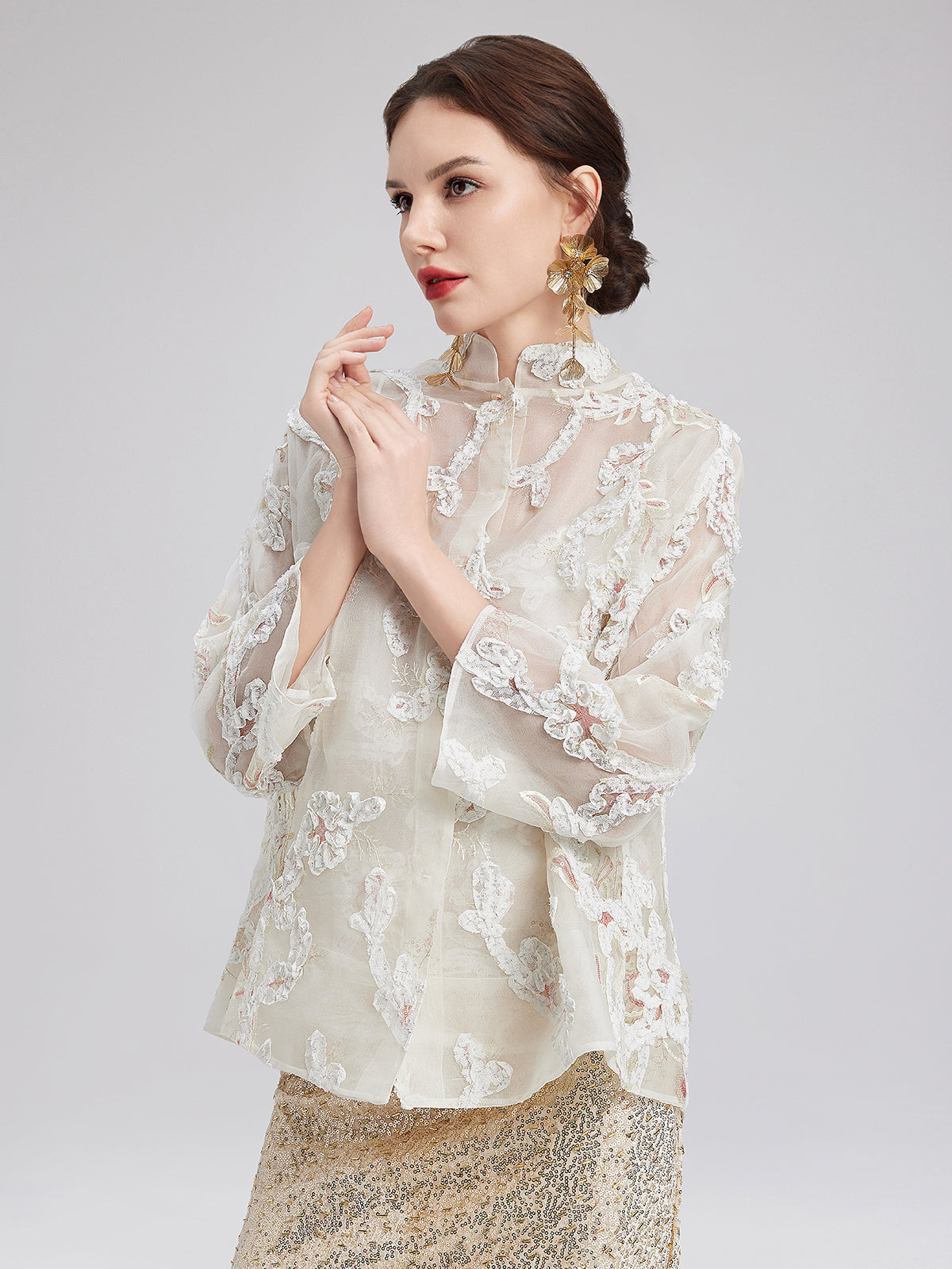 Lace-Panel Sequin Embroidered Two-Piece Top