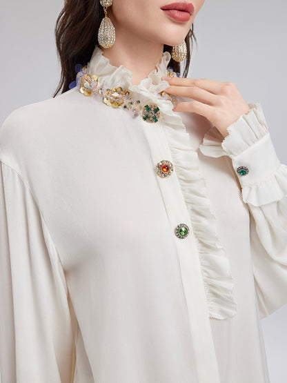 Silk Beaded Ruffle Collar Blouse