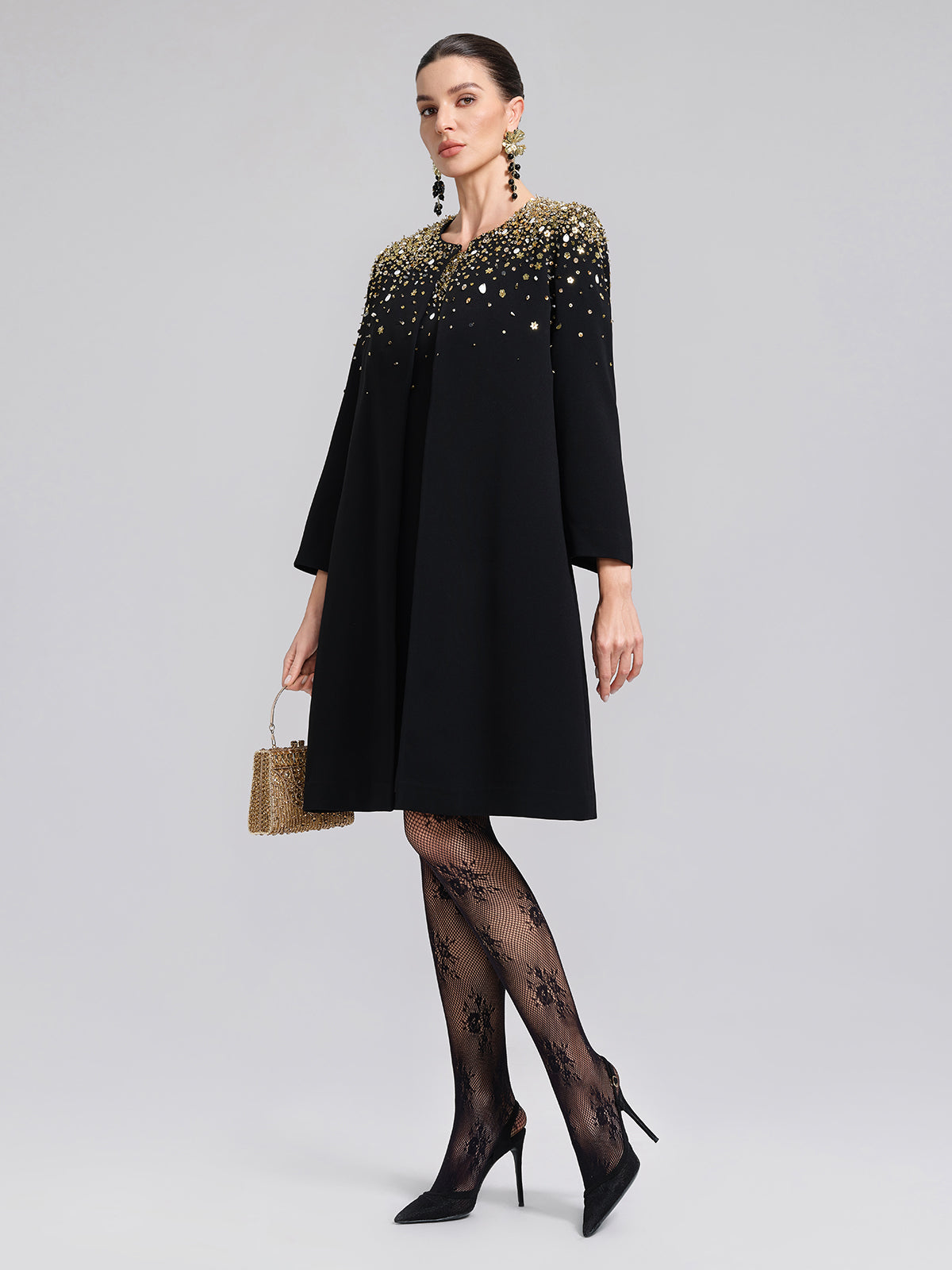 Gold Gradient Hand-Beaded Short-Sleeve Dress