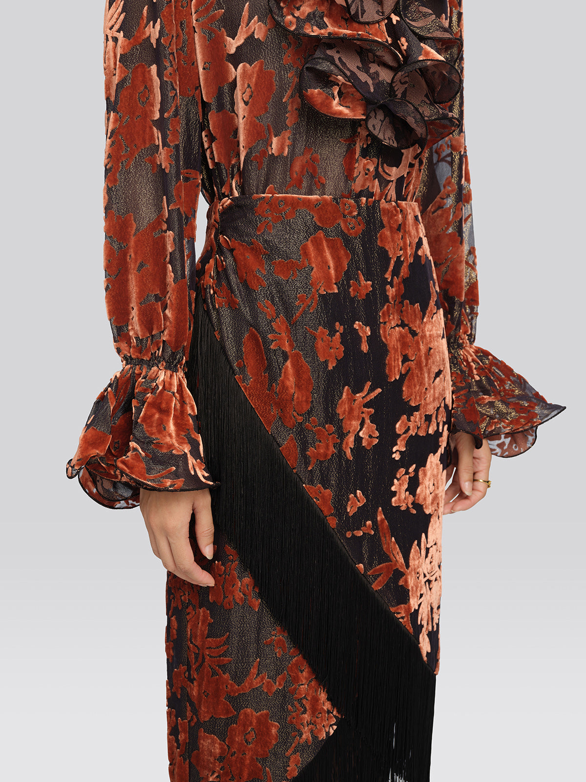 Burnout Velvet Floral Fringe Skirt