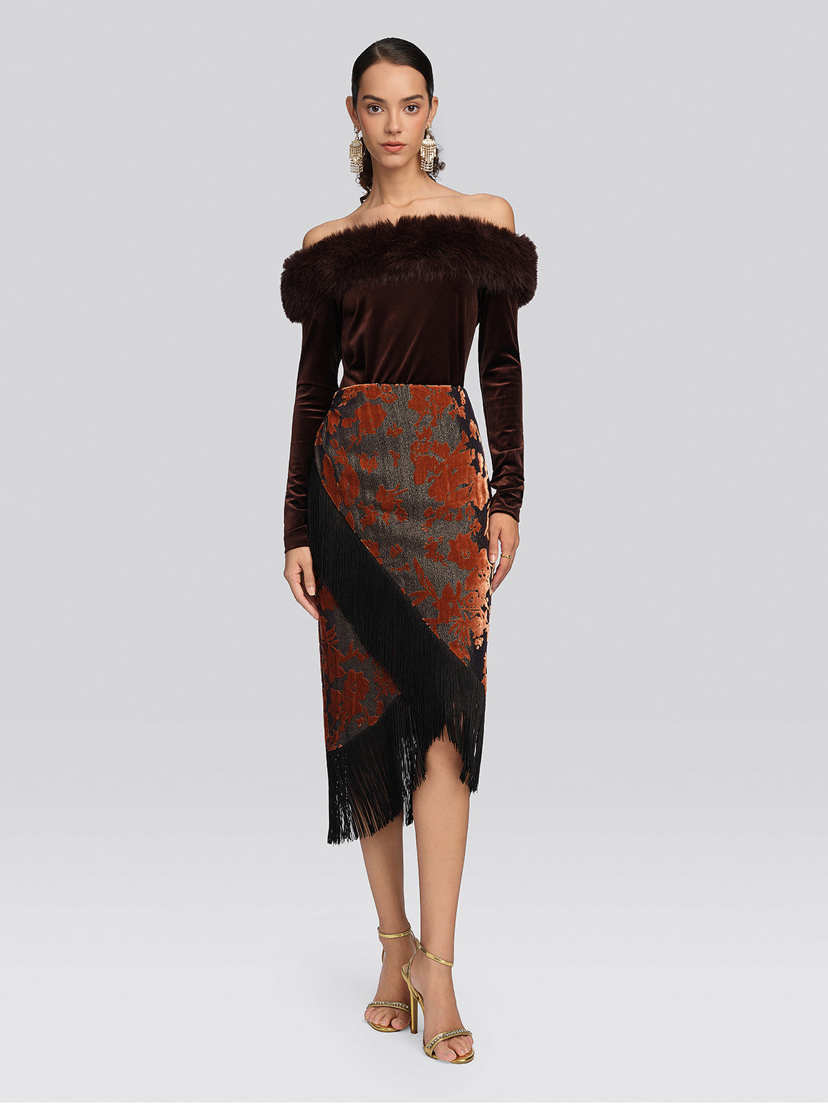 Burnout Velvet Floral Fringe Skirt