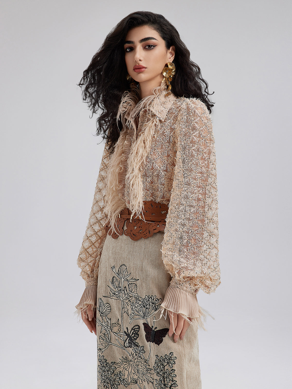 Feather Trim Lace Detail Shirt