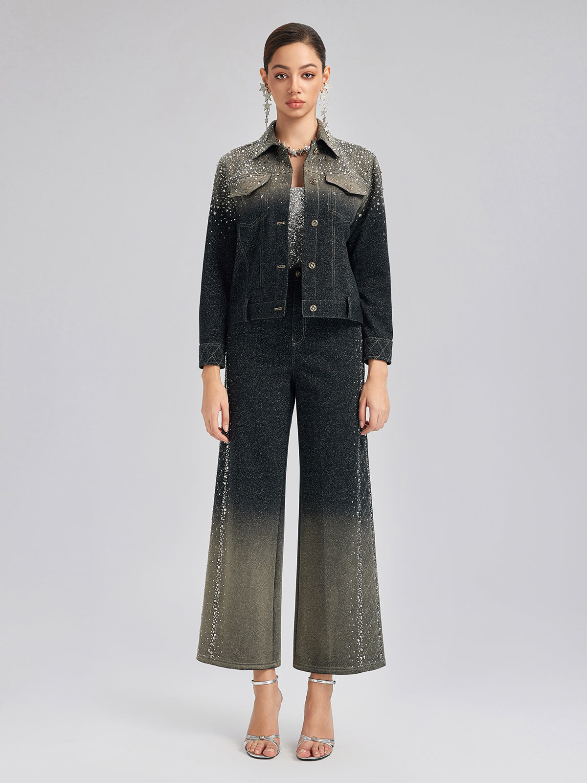 Handcrafted Rhinestone Gradient Knit Straight Pants