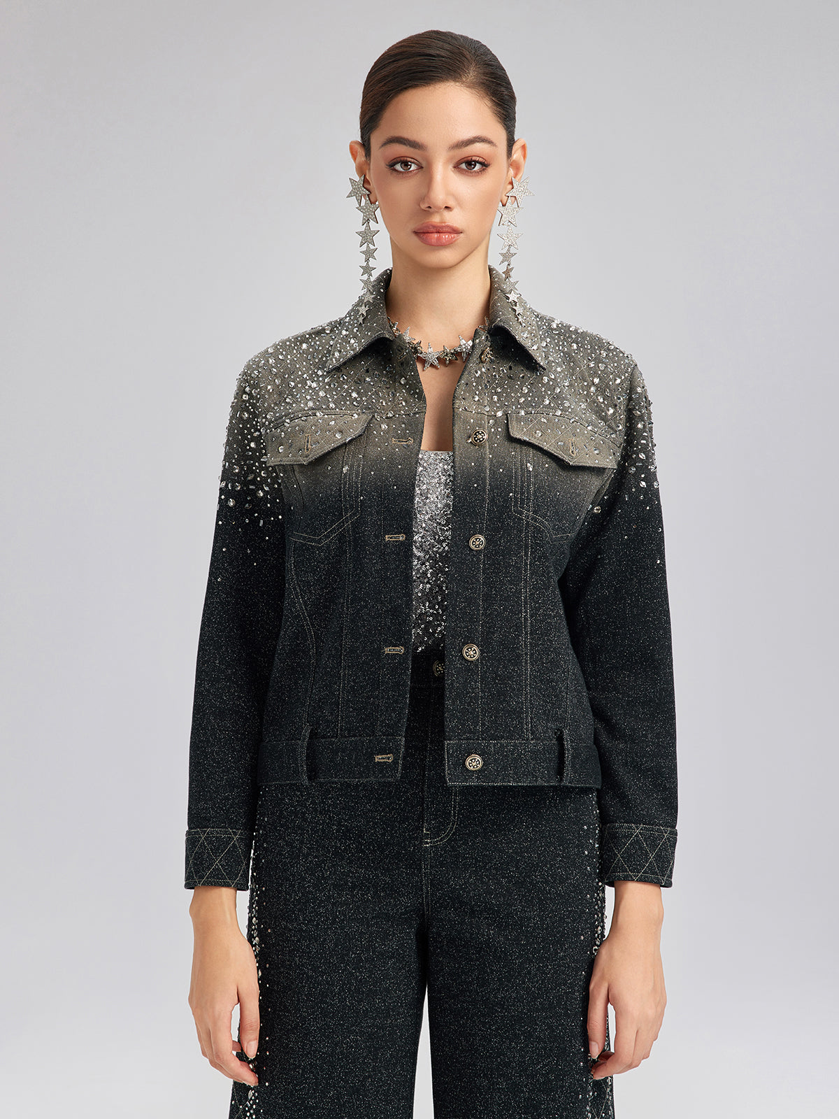 Handcrafted Rhinestone Gradient Knit Jacket