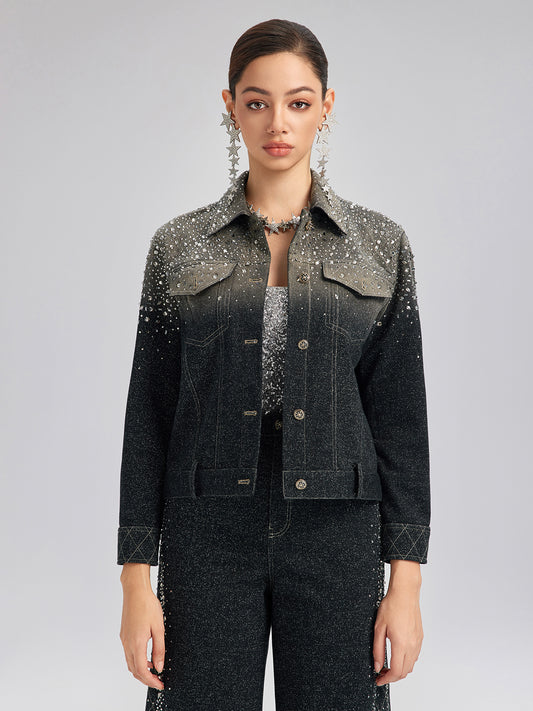Handcrafted Rhinestone Gradient Knit Jacket