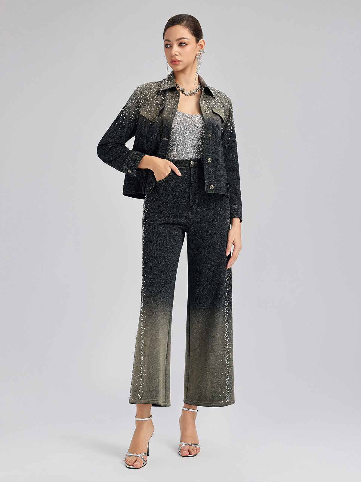 Handcrafted Rhinestone Gradient Knit Straight Pants
